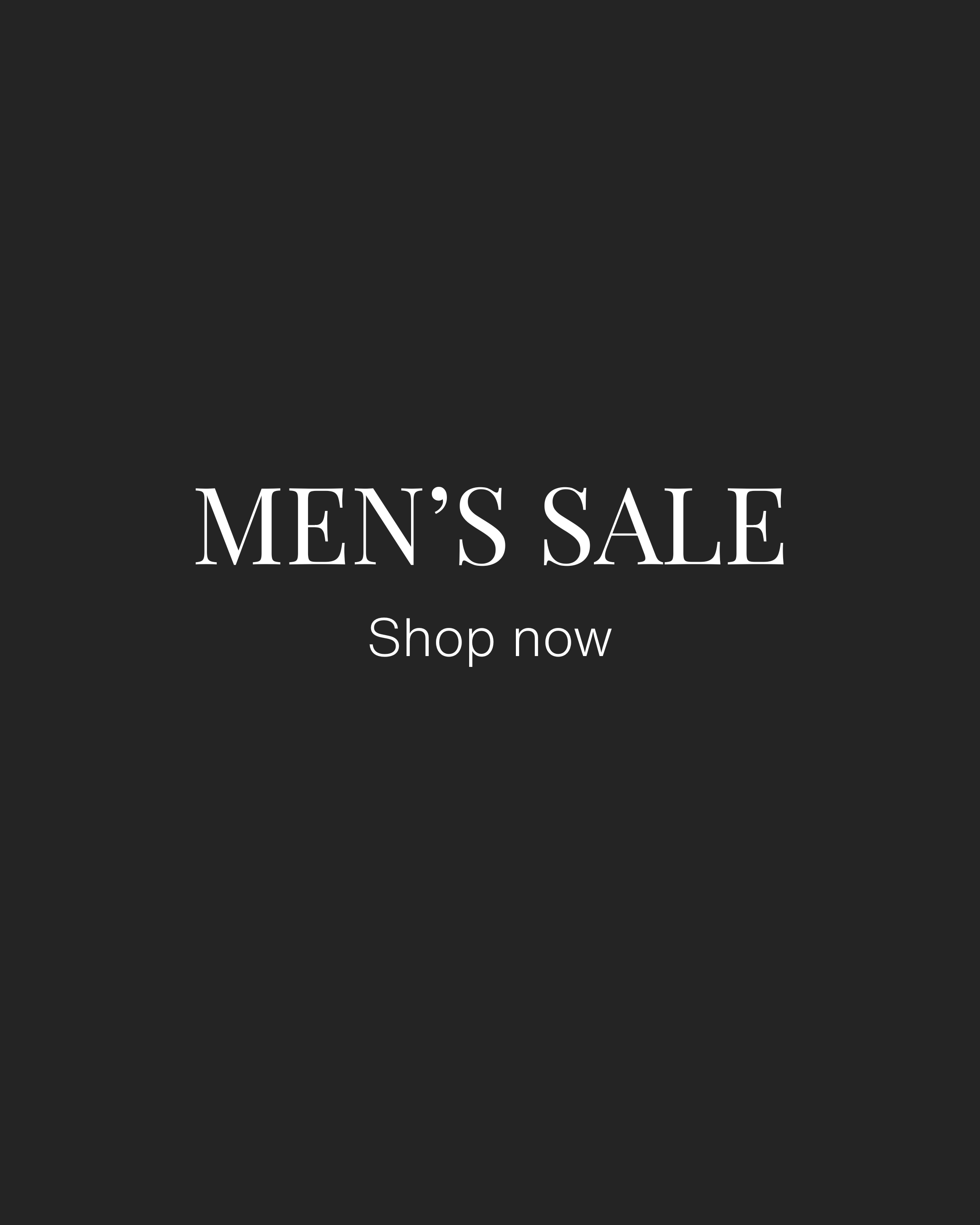 Charcoal background with white text 'MEN'S SALE Shop now'. Shop the designer clothing sale at Endless Waves Boutique in Asbury Park, NJ now.