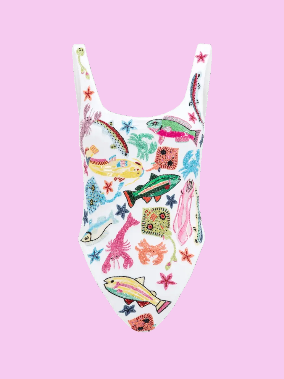 Flat-lay view of the white Oceanus Arizona one-piece swimsuit, showcasing a vibrant all-over sea life embroidery including pink fish, orange crabs, and green coral with crystal accents