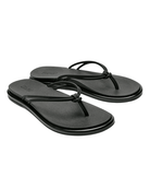 A pair of black leather flip-flops with a double-strap design and a low-profile sole, shown on a plain white background.