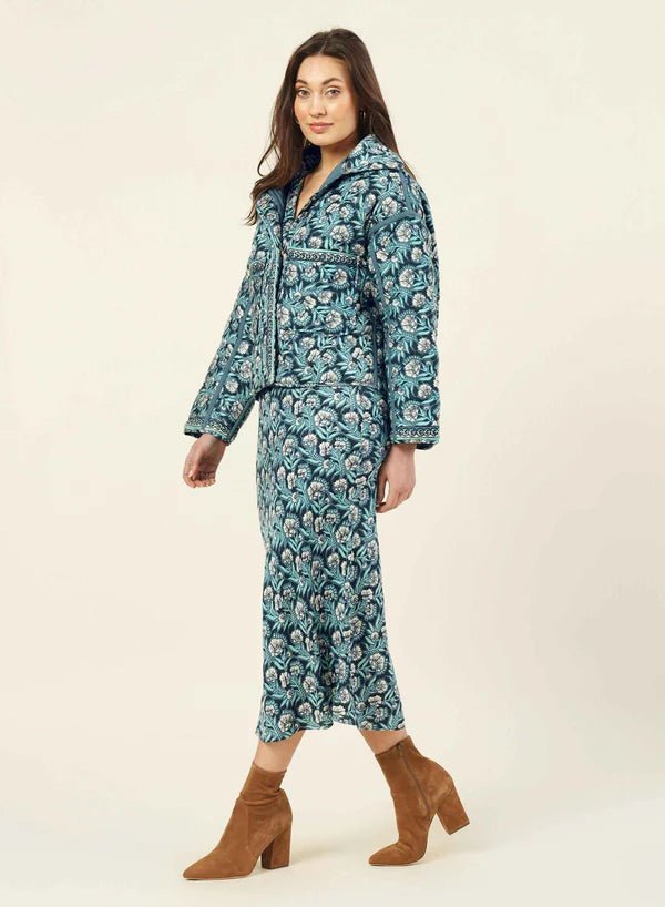 Woman wearing the Omika Karima Jacket in Margo Brook Available at Endless Waves Boutique in Asbury Park, NJ