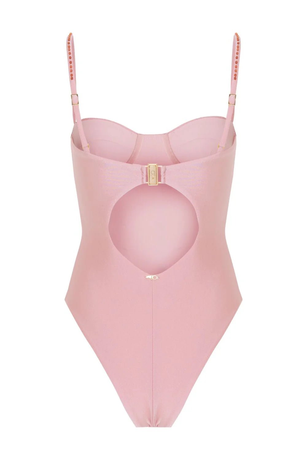 Pink PatBO Lagoa one-piece swimsuit showing the open back, gold clasp, and beaded straps.