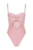 Pink PatBO Lagoa one-piece swimsuit showing the open back, gold clasp, and beaded straps.