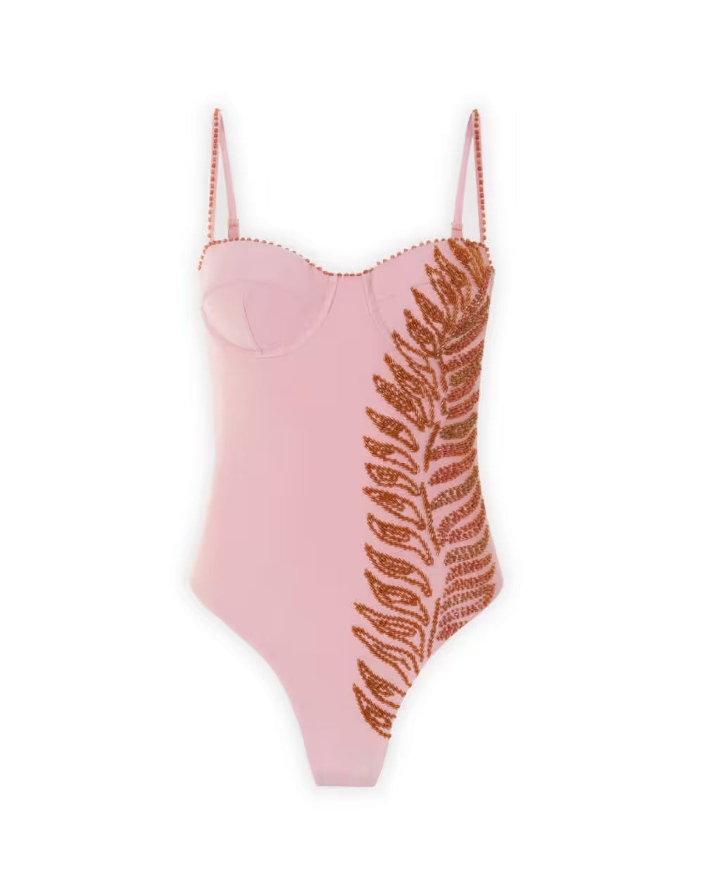 Pink PatBO Lagoa one-piece swimsuit with a brown leaf pattern and hand-beaded crystal detailing on the bust and straps.