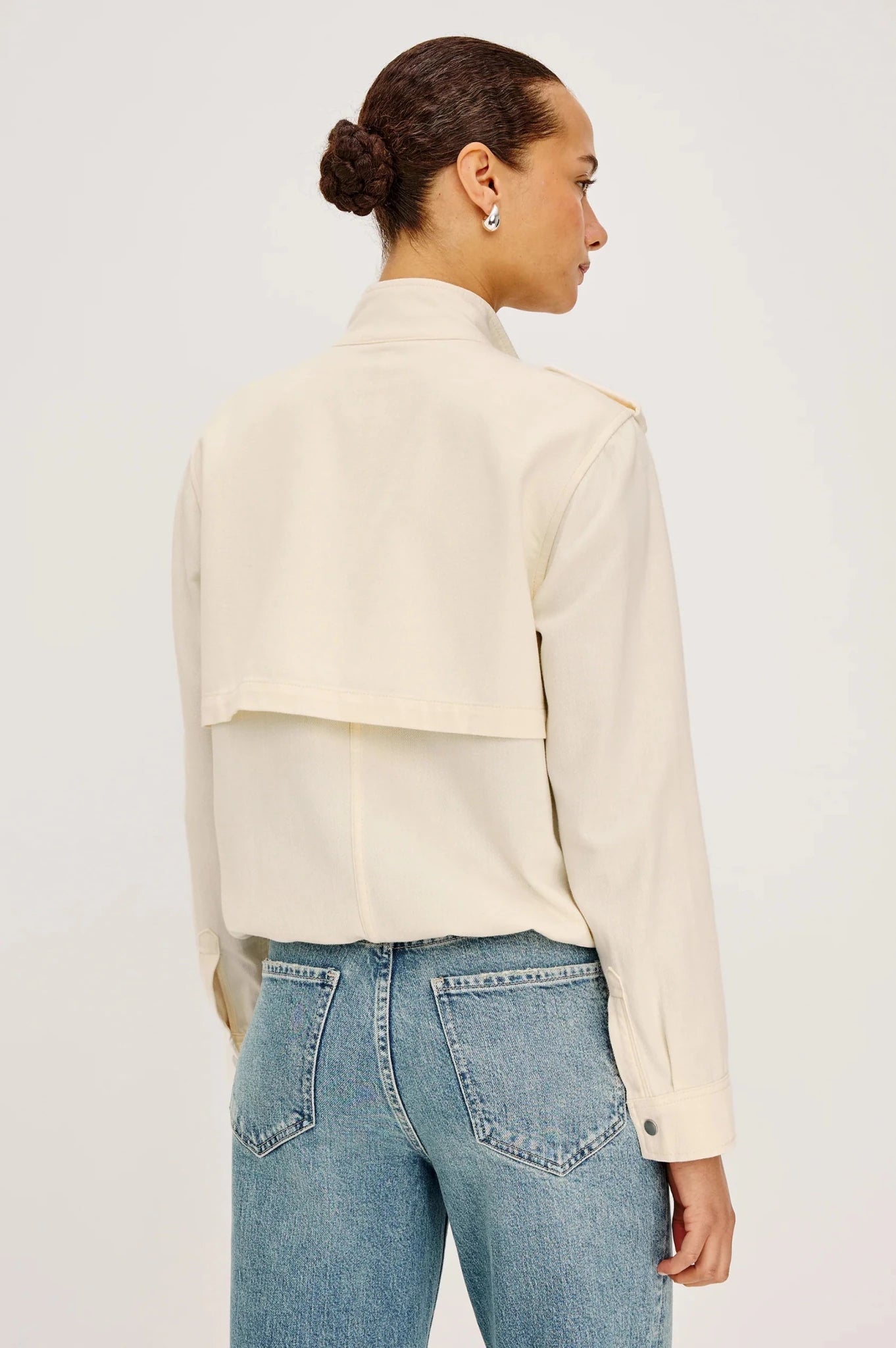 Rear view of a model wearing the women's Rails Collins Jacket in Ivory.