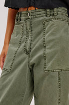 Close up of the Rails Women's Lunar Pants in Military Olive.
