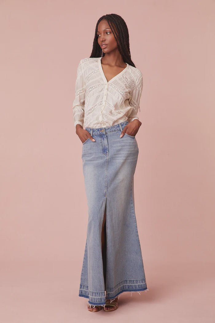 LoveShackFancy LoveShackFancy Risia Denim Maxi Skirt Endless Waves