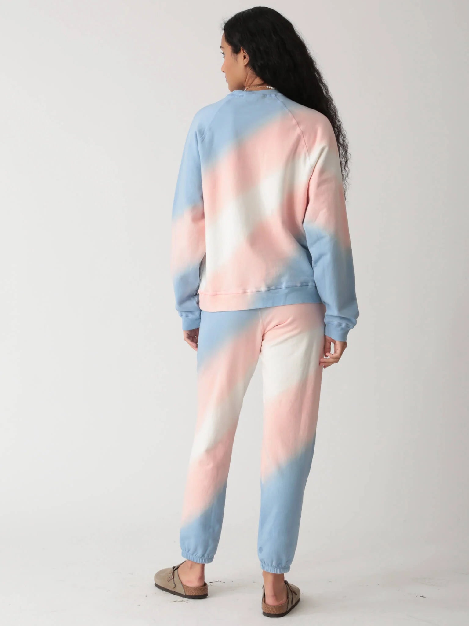 Back view of Electric & Rose Ronan Tie Dye Sweatshirt and matching Vendimia Jogger in Whisper Lapis fleece.