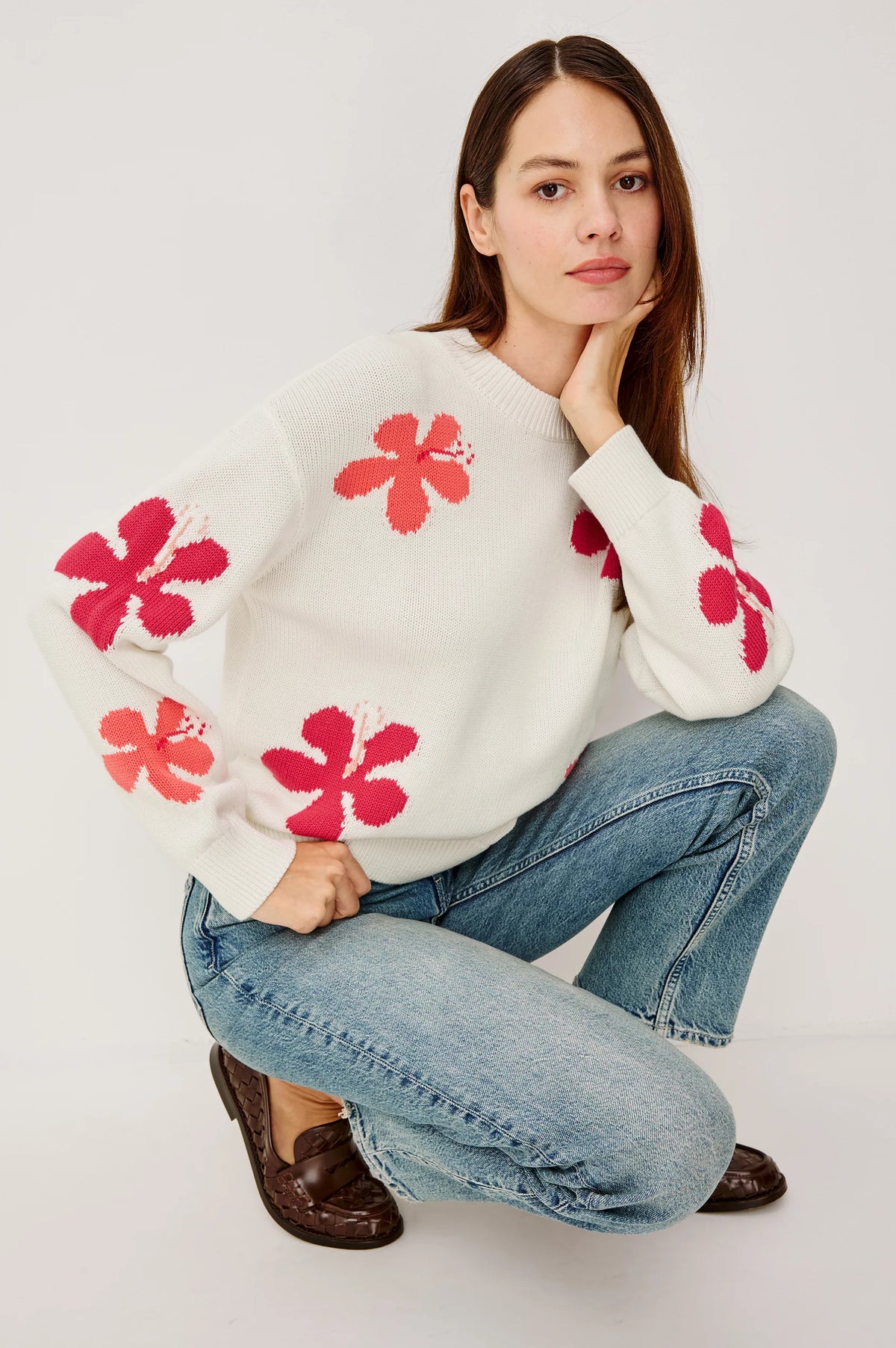 Runway preview: The Rails Zoey Sweater in Kauai floral, a cream crewneck featuring bold pink hibiscus embroidery, handpicked by Sloane for the Born to Runway event at The Asbury Hotel.
