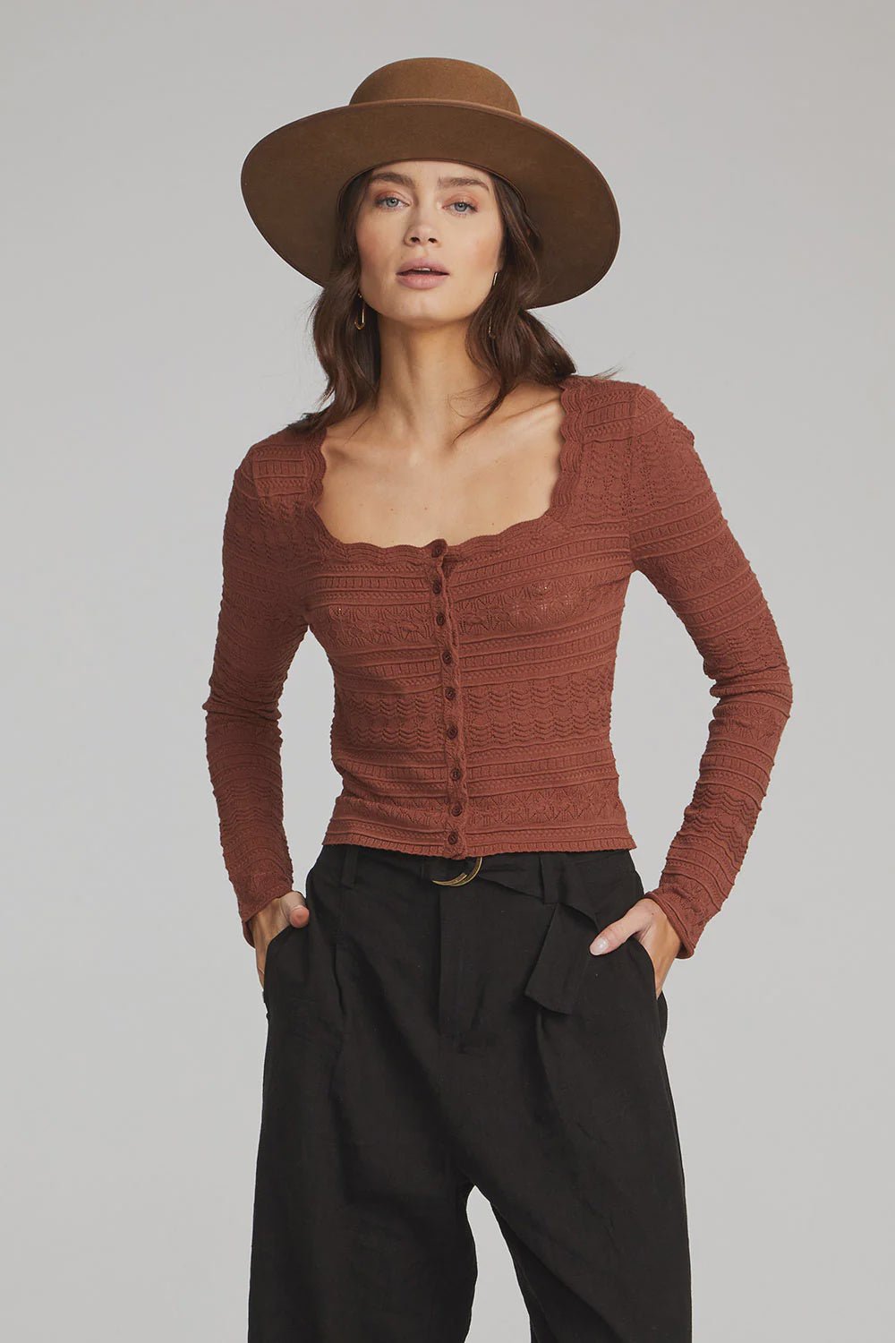 Saltwater Luxe Wilfred Sweater in Pecan featuring a square neckline and delicate pointelle knit texture.