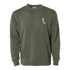 An olive green crewneck sweatshirt with a small white embroidered graphic of a figure on the left chest, displayed against a solid white background.
