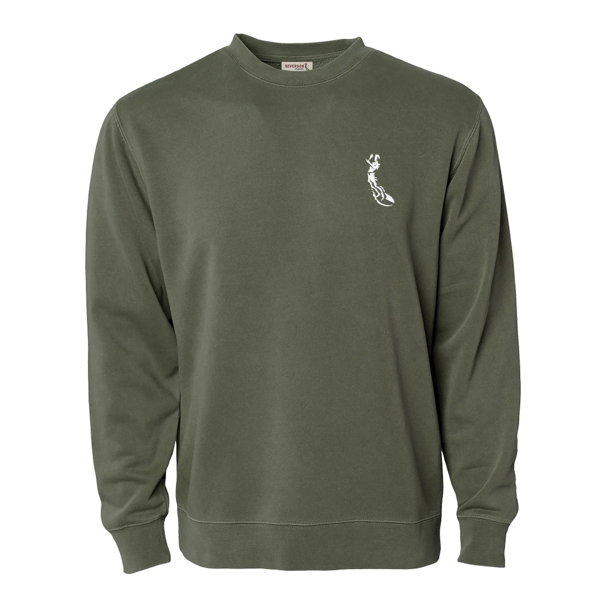 An olive green crewneck sweatshirt with a small white embroidered graphic of a figure on the left chest, displayed against a solid white background.