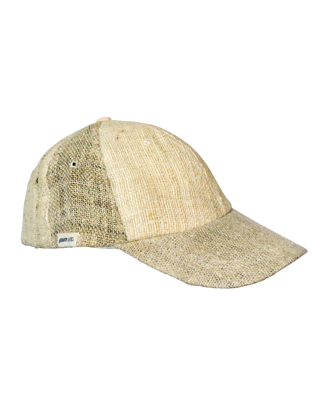 A hemp baseball cap in a natural light tan and beige color, shown on a plain white background.