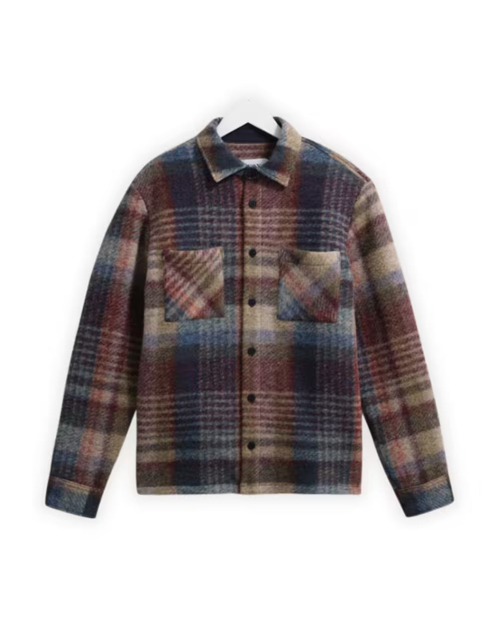 Wax London Whiting Overshirt - Blue Multi Large Scale Check knitted wool blend shirt jacket.