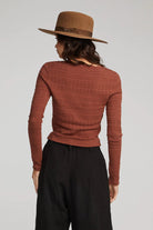 Back view of the Saltwater Luxe Wilfred Sweater in Pecan, showing the fitted silhouette and intricate pointelle knit pattern.