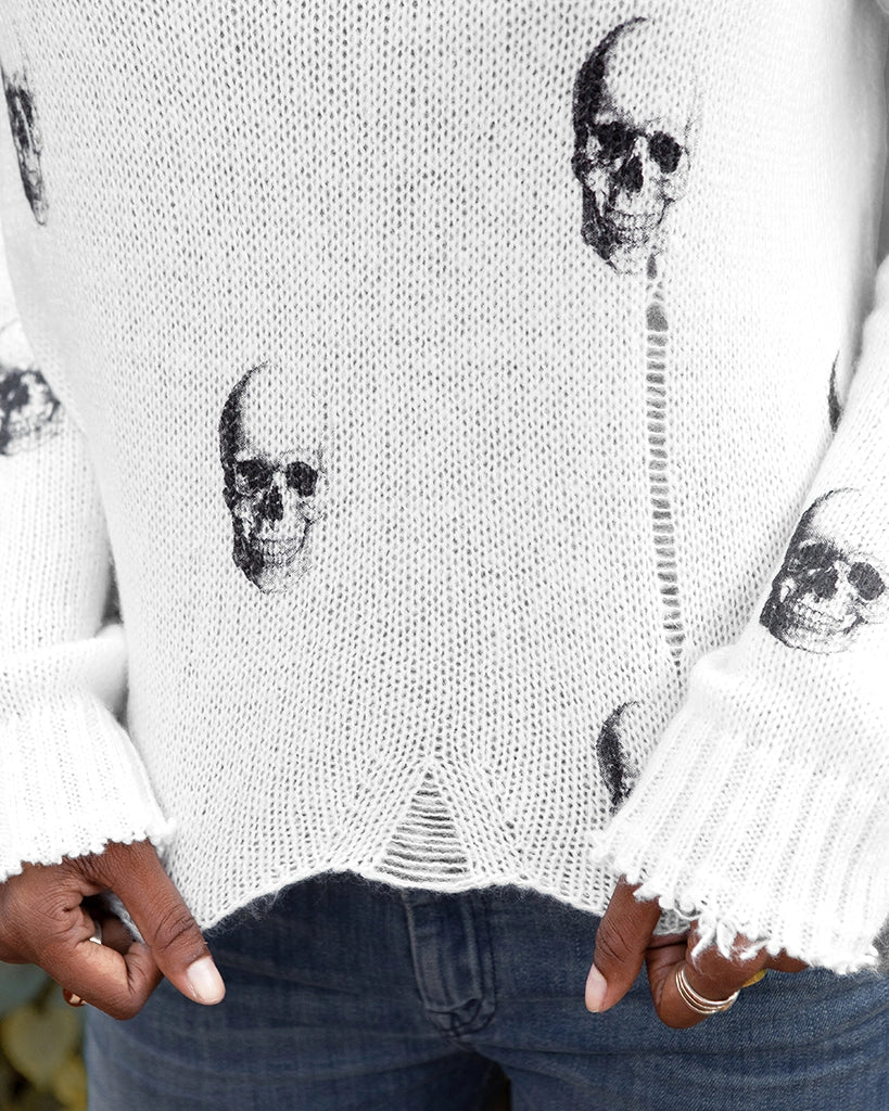 Wooden Ships Skull Printed Distressed Crew - Pure Snow/ Black