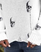 Wooden Ships Skull Printed Distressed Crew - Pure Snow/ Black