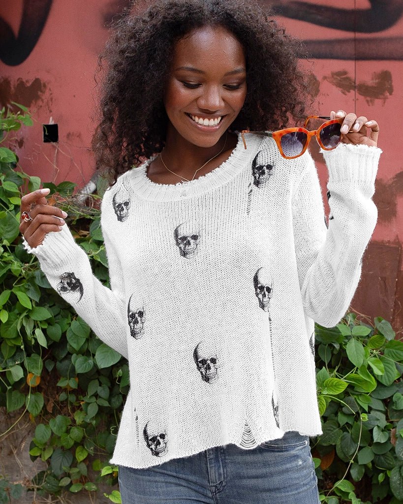 Wooden Ships Skull Printed Distressed Crew - Pure Snow/ Black