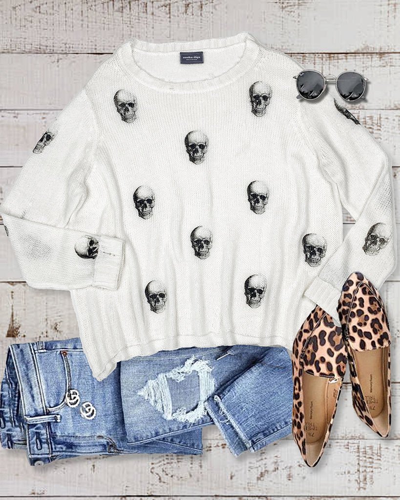 Wooden Ships Skull Printed Distressed Crew - Pure Snow/ Black Endless Waves