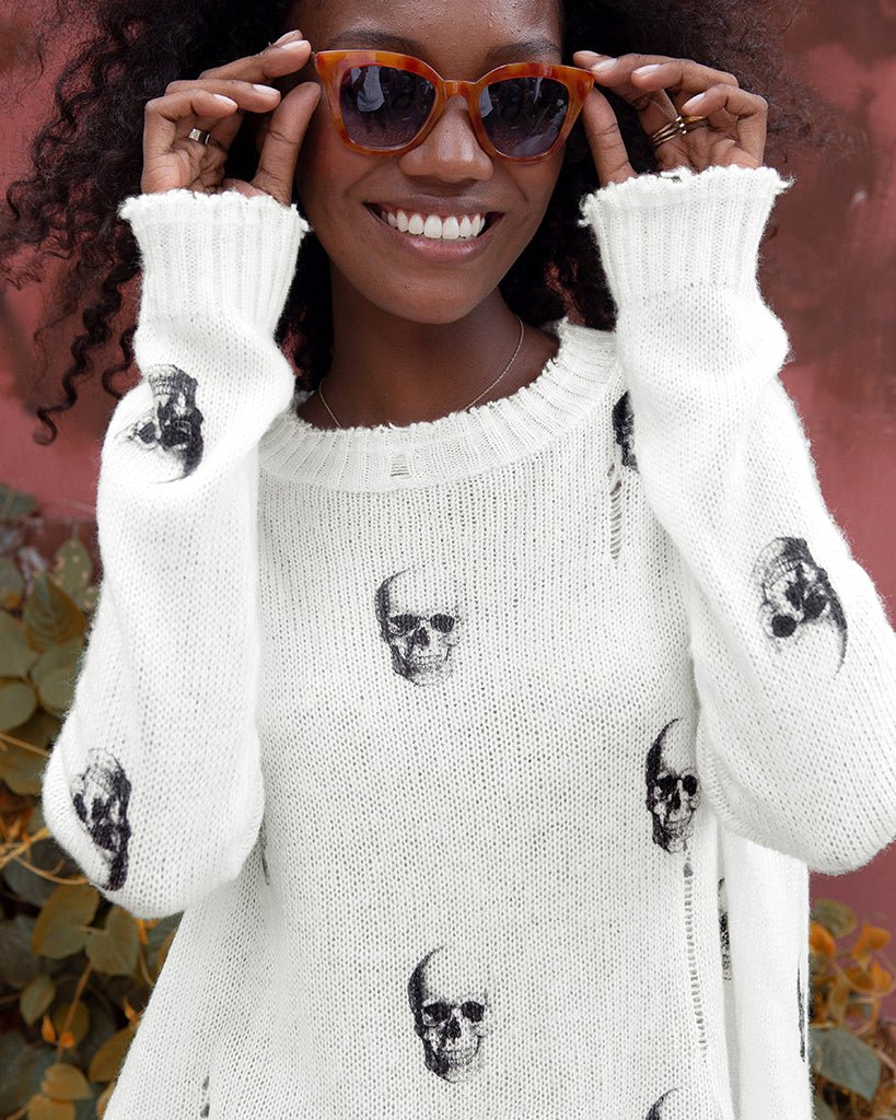 Wooden Ships Skull Printed Distressed Crew - Pure Snow/ Black Endless Waves