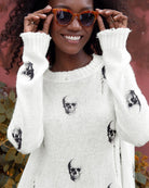 Wooden Ships Skull Printed Distressed Crew - Pure Snow/ Black Endless Waves